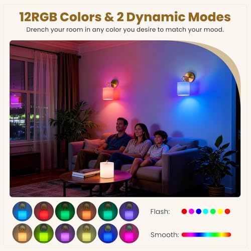 Detachable Wall Sconces Battery Operated With Hanging Hook,10000mah Battery Operated Wireless Wall Sconces Set of Two,12 RGB Gold Sconce With Remote,Renter Friendly Wall Lamps for Living Room,Bedroom - Image 2