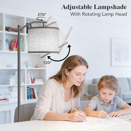 Floor Lamp for Living Room with 3 Color Temperatures LED Bulb, Standing Lamp Tall Industrial Floor Lamp Reading for Bedroom, Office (9W LED Bulb, Beige Lampshade Included) -Grey - Image 4