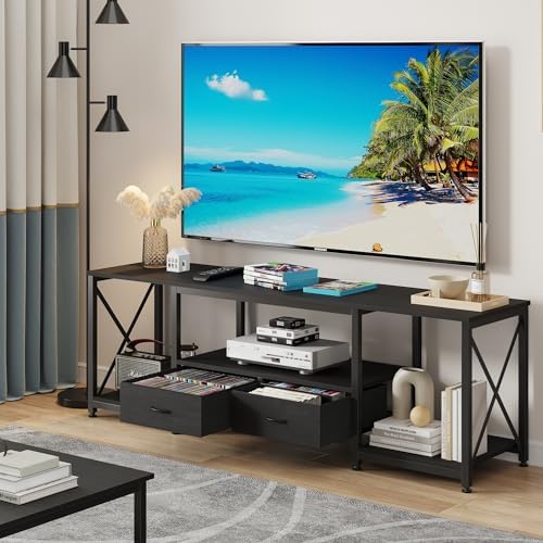 GYIIYUO TV Stand with Fabric Drawers - Entertainment Center and Industrial TV Console Table with Open Storage Shelves for Living Room, Bedroom - 55.1" Black - Image 6