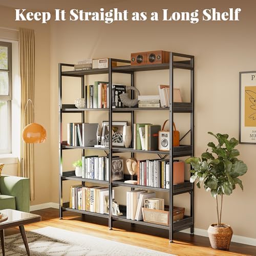 Huuger 5 Tier Bookshelf, Display Bookshelf with 10 Open Shelves and Raised Baffle, 47.2 Inch Straight Wide Bookcase with Metal Frame and Wooden Board, Adjustable Feet, Grey - Image 4