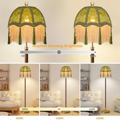 Wood Floor Lamps for Living Room Vintage Floor Lamp with Remote Control & 3 Color Temperature,Dimmable Floor Lamp Mid Century Modern Standing Lamp Green Fringe Tall Floor Lamp for Bedroom Corner - Image 2