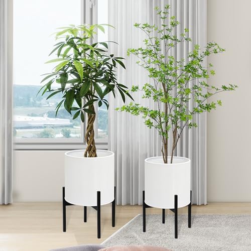 ARNIS Modern Plant Pots, Set of 2 Large Planters with Stand, Decorative Planters, Metal Pots with Drainage Holes for Living Room, Office, Garden or Balcony, 8.25 &10.5 Inch, White - Image 2
