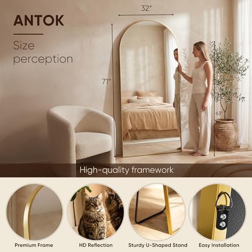Antok 71" x32” Arched Full Length Mirror, Floor Mirror with Stand,Gold - Image 3