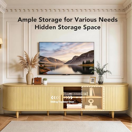 MXV 70" TV Stand with Sliding Doors for Living Room, Mid Century Modern Entertainment Center, TV Console with Fluted Door Cabinets and Power Outlet, Oak - Image 2