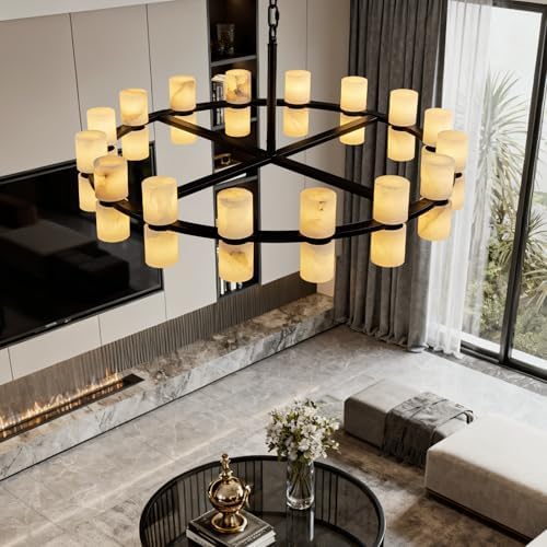 Alabaster Round Chandelier, Natural Spanish Stone Texture Chandeliers, D31in Round Chandeliers for Dining Room Chandelier Light Fixture for Kitchen Living Room Foyer Entryway Hallway (Black) - Image 5