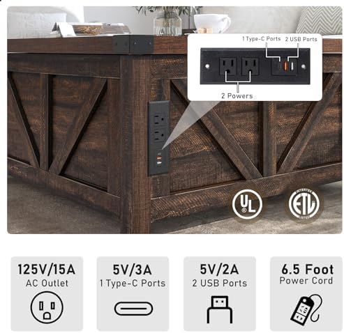 jimeimen Farmhouse Lift Top Coffee Table with Storage, Wood Square Center Table with Charging Station&USB Port, Living Room Table w/Large Hidden Space, for Living Room, Bedroom, Home Office, Brown - Image 4