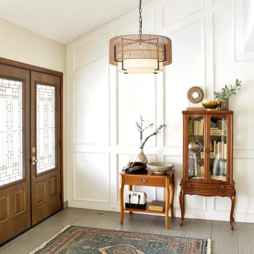 4-Light Rattan Chandelier, 19.7" Large Boho Hand Woven Pendant Light - Image 7