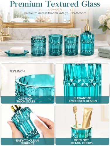 Haturi Teal Bathroom Accessories Set, Glass Bathroom Set and Decor, 5 Pcs - Image 4