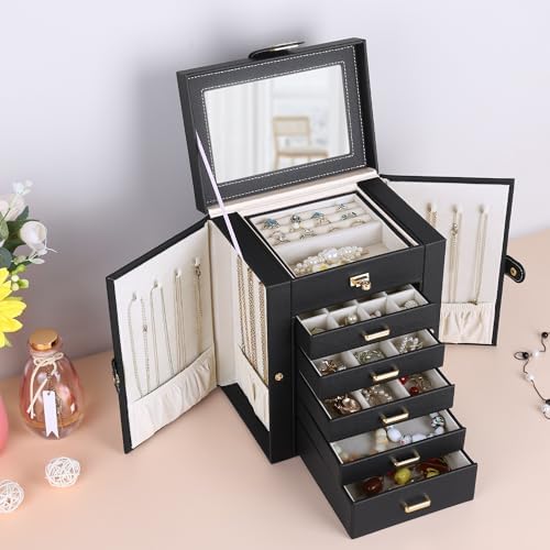 Kendal Jewelry Box, 6-Layer Jewelry Storage Organizer for Necklace Bracelet Rings Watch, 10.2"x8.2"x6" Classic Black PU Leather 5 Drawers Large Storage Capacity with Mirror - Image 5