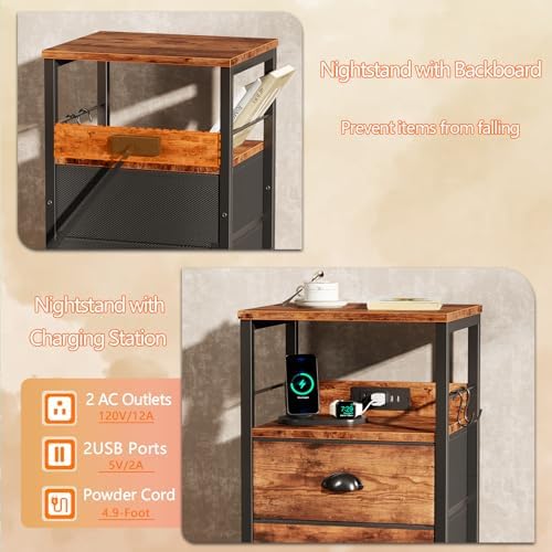 Nightstand with Charging Station for Dorm, 2 Fabric Drawers, Rustic Brown - Image 5