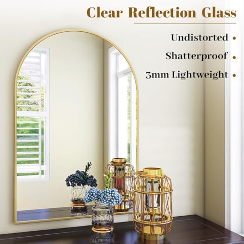 VooBang Arched Wall Mirror, 20 x 30 inch Arch Bathroom Mirror, Wall Mounted Vanity Mirror with Arch Metal Frame, Modern Bathroom Vanity Mirror for Bedroom, Living Room, Hanging or Leaning, Gold - Image 4