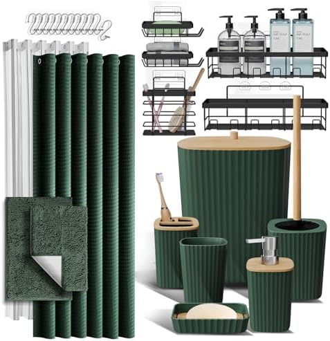 Clara Clark Bathroom Accessories Set - 27PC Bathroom Set with Adhesive Corner Shower Caddy Hanging, Bathroom Sets with Shower Curtain and Rugs, Hunter Green Shower Curtain Set with Bathroom Trash Can by ClaraClark