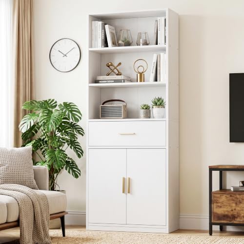Shintenchi Bookshelf,6-Tier Bookcase with 1 Drawer & 1 Cabinet, 6 Shelf Display Storage Shelves Floor Standing 70.6 inches Tall Bookcase for Home Office, Living Room (White) - Image 2
