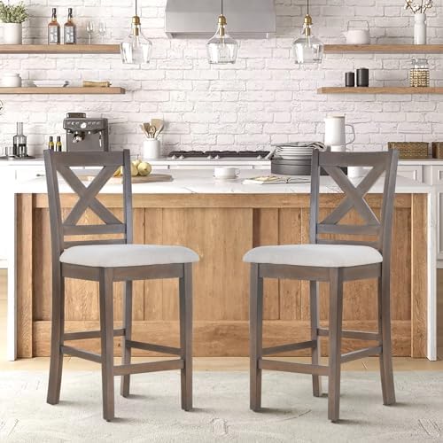 COLAMY Wooden Bar Stools Set of 2, Counter Height Bar Stools, Mid Century Modern Bar Stools with Backs, 25 Inch Upholstered Fabric Wooden Barstools for Kitchen Island Dining Room Bar, Light Brown Wash by COLAMYHOME