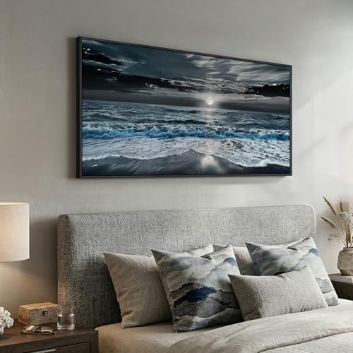 Large Framed Coastal Moonlight Ocean Wall Art for Living Room, 24x48 Inch - Image 2