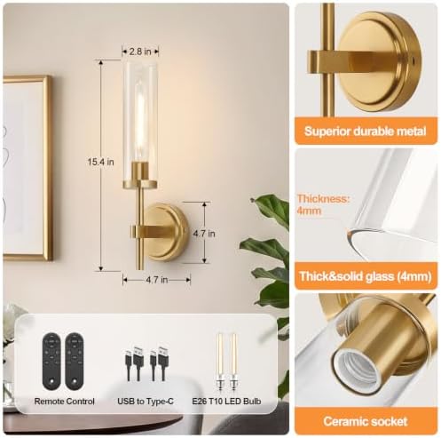 Battery Operated Wall Sconce Set of 2, Brushed Gold Wireless Rechargeable Wall Lighting Fixtures with Remote Control, Dimmable Wall Light for Bathroom, Vanity, Living Room, Bedroom, Hallway, Stairway - Image 6