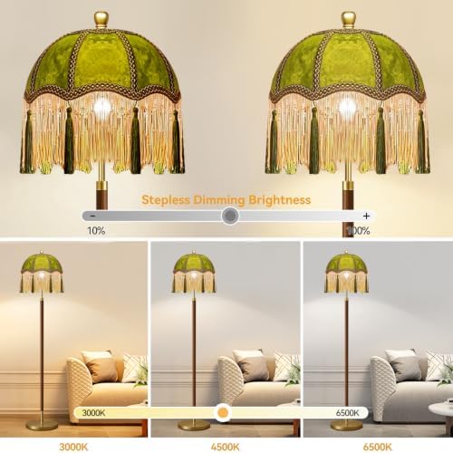 ILLMTW Vintage Floor Lamp for Living Room,Bedroom,Dimmable Standing Lamp with Remote,Green Mid Century Gold Tall Lamp Boho Retro Floor Light Wood Fringe Tassel Flower Unique Tiffany Victorian Decor - Image 2
