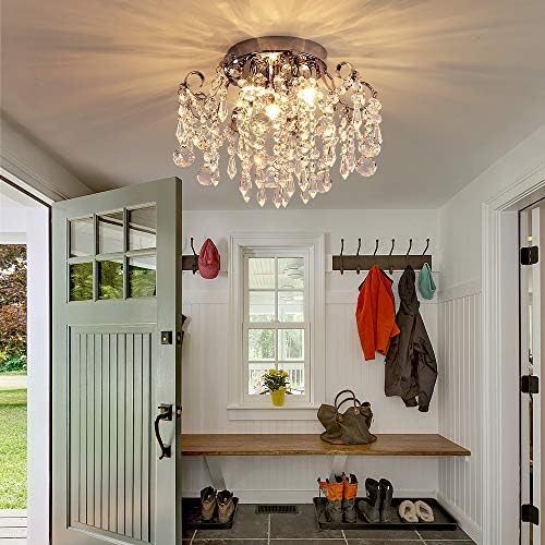 Q&S Small Crystal Chandelier Flush Mount Ceiling Light 3 Lights Modern Chrome Iron Raindrop Crystal Ceiling Fixture for Bedroom Hallway Closet Entryway Stairs - Image 4
