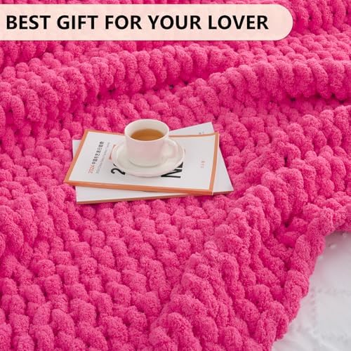 L'AGRATY Chunky Knit Throw Blanket for Couch, 50 x 60 Inches, Hot Pink - Image 6