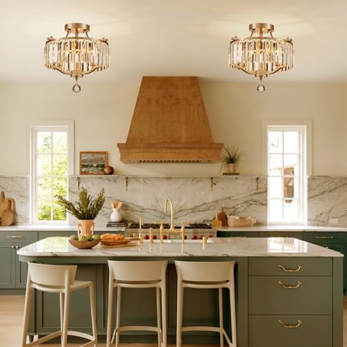 Brushed Nickel Crystal Semi Flush Mount Ceiling Light Fixture Modern Farmhouse Small Chandelier 3-Light Round Crystal Mini Chandelier for Dining Room Entryway Hallway Kitchen Bedroom Foyer - Image 7
