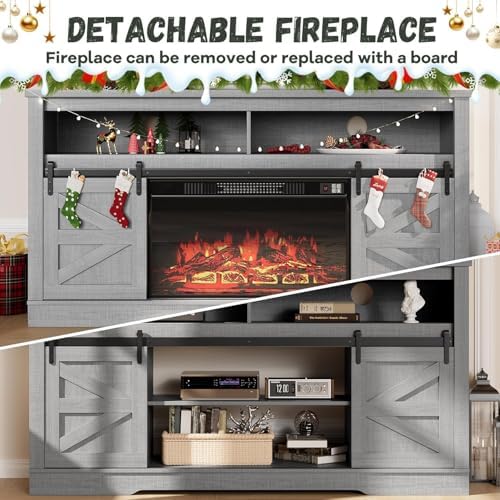 YESHOMY Farmhouse Fireplace TV Stand for Television up to 65+ Inch,Gray - Image 4