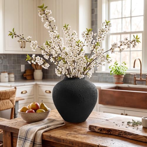 Large Round Black Vase with Pottery Look, Metal Rustic Vase for Flowers - Image 4
