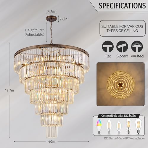 TOCHIC Large Crystal Chandelier for High Ceiling, 40 inch 7-Tier Modern Bronze Crystal Chandeliers Lighting Fixture, Round Light for Entryway Staircase Foyer Living Dining Room - Image 3