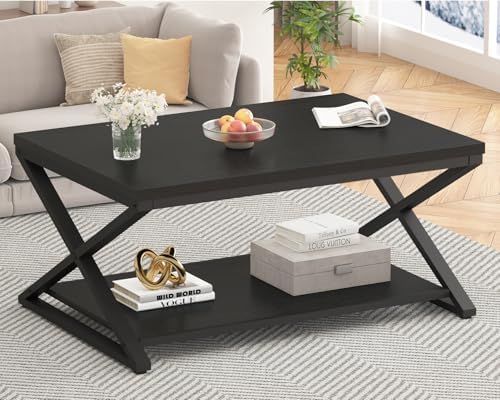 HSH 39" Rectangle Coffee Table with Storage for Living Room, Black Oak by HOMESWEETHOME