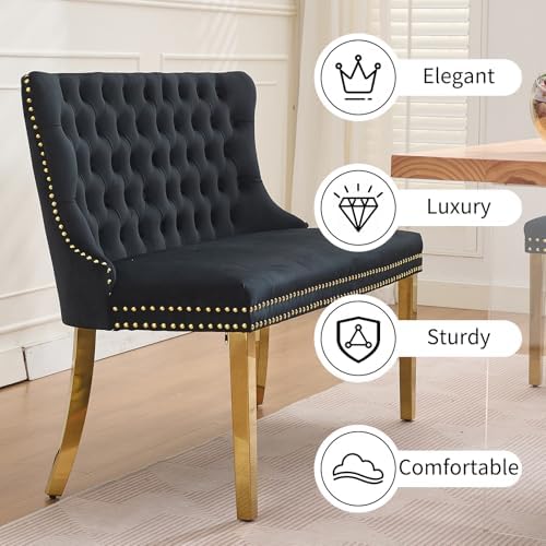 Black Velvet Dining Bench with Back, Tufted Banquette Seating, Gold Legs - Image 5