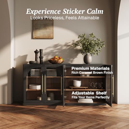 BELLEZE 65" Arched Sideboard with Glass Door, Accent Buffet Cabinet with Storage and Adjustable Shelves, Classic Modern Large Console Table for Dining Room Living Room Entryway (Ebony) - Image 4
