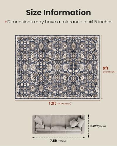 Amada Large 9x12 Washable Area Rug for Living Room, Blue/Brown, Vintage - Image 2