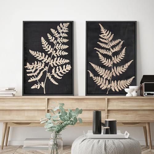 SIGNWIN Framed Canvas Print Wall Art Vintage Fern Leaf Silhouettes Natural Botanical Rustic Illustrations Modern Art Decorative Contemporary for Living Room, Bedroom, Office - 16"" x24 x2 Black - Image 2
