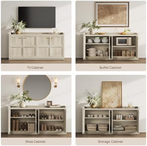 SICOTAS 61.7" 4-Door Buffet Sideboard Cabinet Living Room, Grey White Oak - Image 5
