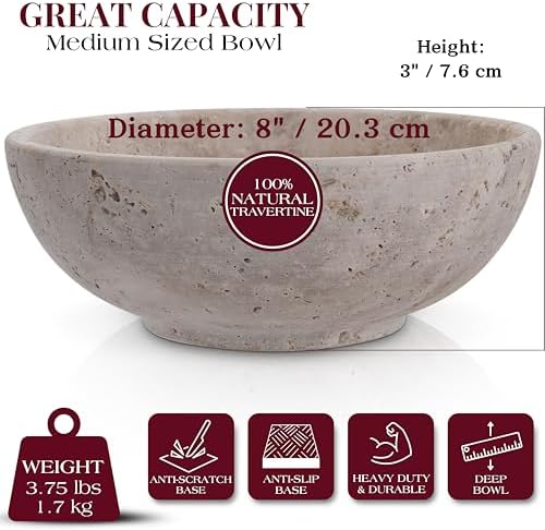 Gusto Nostro 8" Decorative Travertine Bowl for Coffee Table - Elegant Centerpiece, Aesthetic Fruit Bowl for Kitchen Counter - Heavy Stone Entryway Catch all, Jewelry, Potpourri - Travertine Decor - Image 3