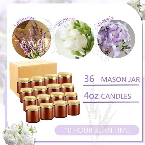 ACITHGL 36 Pcs 4oz Mini Mason Jar Candles Small Scented Candles Bulk Aromatherapy Ideal Souvenir Favors for Wedding Birthday Party (Freesia, Lavender, Jasmine, Amber) - Image 3