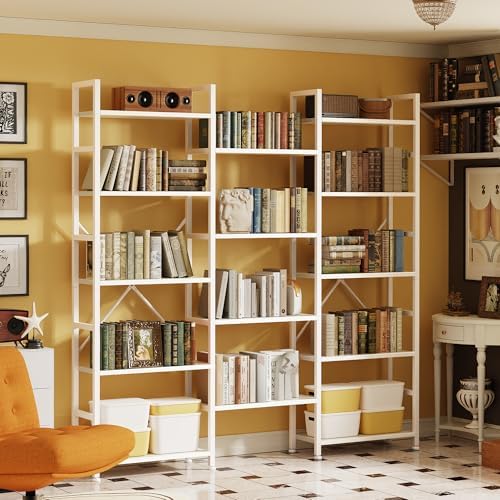 SUPERJARE Triple Bookshelf, Bookcase with 14 Open Display Shelves, Wide Book Shelf Book Case for Home & Office, 5 Tier, White - Image 6