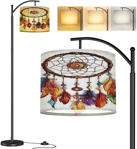 Modern Arc Floor Lamp, Native american indian traditional symbol Bright colored feathers Standing Lamp with Hanging Linen Shade Adjustable Foot Switch for Living Room Bedroom Study Room Office by Unknown