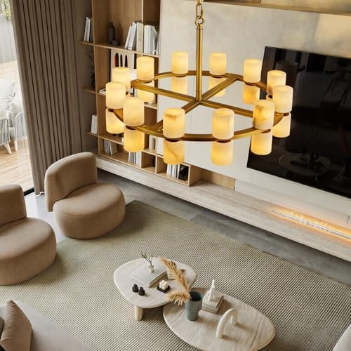 Alabaster Chandelier, Natural Spanish Stone Texture Chandeliers, D23.6in Round Chandeliers for Dining Room Small Chandelier Light Fixture for Kitchen Living Room Foyer Entryway Hallway (Brass) - Image 4