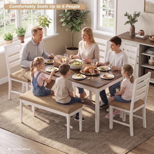 ROCSUMOO 6-Piece Dining Table and Chair Set with 4 Chairs & 1 Bench, Brown - Image 3