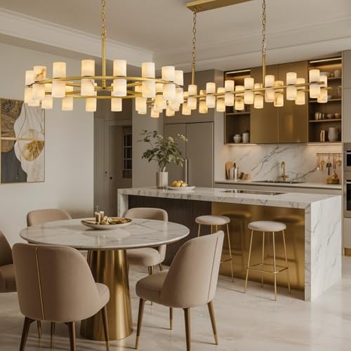 Alabaster Round Chandelier, Natural Spanish Stone Texture Chandeliers, D31in Round Chandeliers for Dining Room Chandelier Light Fixture for Kitchen Living Room Foyer Entryway Hallway (Brass) - Image 5