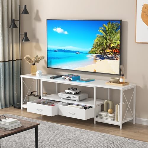 GYIIYUO TV Stand with Fabric Drawers for 55 60 65 Inches TV - Entertainment Center and Industrial TV Console Table with Open Storage Shelves for Living Room, Bedroom - 55.1" White - Image 6
