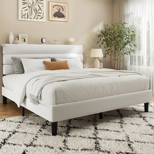 Fluest Queen Bed Frame, Platform Bed Frame with Velvet Upholstered Headboard, No Box Spring Needed, Sturdy Metal Support, Noise Free, Easy Assembly, Modern Bedroom Furniture, White - Image 7