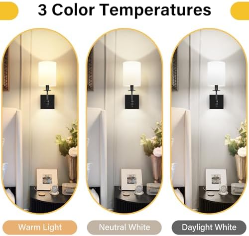 14 Inch Black Battery Operated Wall Sconces Set of 2, Rechargeable Wireless Wall Lights with Remote & White Fabric Shade, Indoor Not Hardwired Dimmable Wall Lamps for Bedroom, 2 Bulbs Included - Image 4