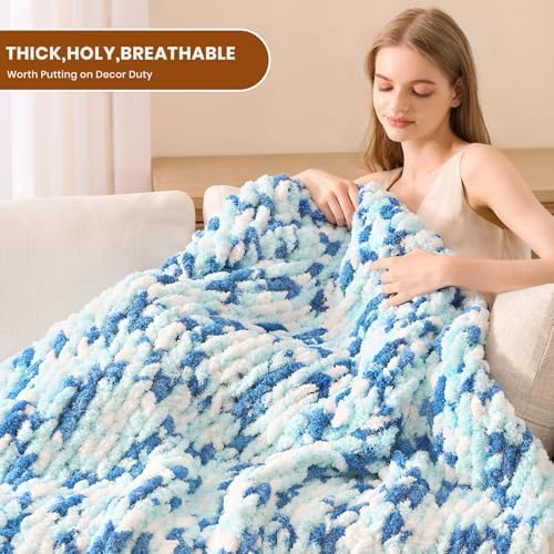L'AGRATY Chunky Knit Throw Blanket for Couch, 50 x 60 Inches, Blue White - Image 4