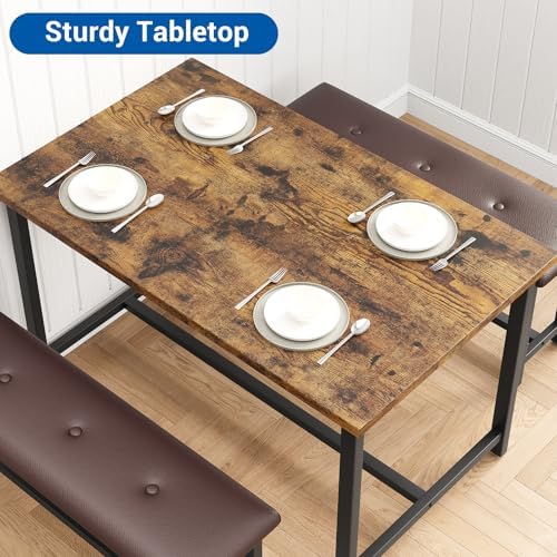 GarveeHome Dining Table Set for 4, Kitchen Table with 2 Upholstered Benches, Wood Kitchen Dining Room Set, for Small Space, Apartment, Home, Dinner, Retro Brown - Image 6