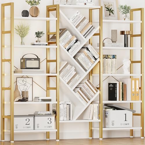 INNOD 70x70” Triple 5 Tier Book Shelf, Large Wooden Bookcase with 17 Open Display Shelf, Modern Tree Bookshelf Metal Frame Tall Book Case Furniture for Living Room Bedroom Home Office White & Gold by INNODToddlerTower