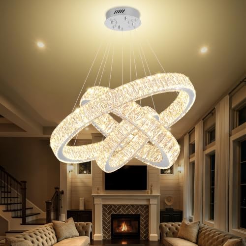 3 Rings Crystal Chandeliers 32"+24"+16" Crystal Ceiling Light Fixture Pendant Lighting Hanging Lamp for Living Room LED Dimmable 3000-6000K by IDEQUY