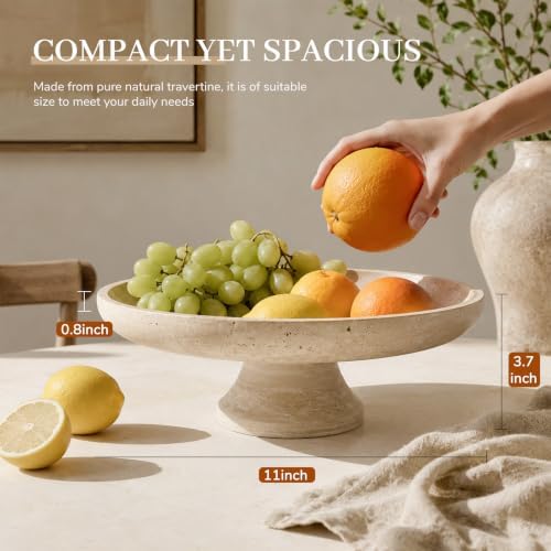 Koville Natural Italian Travertine Fruit Bowl, 11 Inch Decorative Pedestal Bowl, Handmade Stone Centerpiece Bowl for Kitchen Counter, Coffee Table & Dining Table, Modern Home Decor, Beige - Image 2
