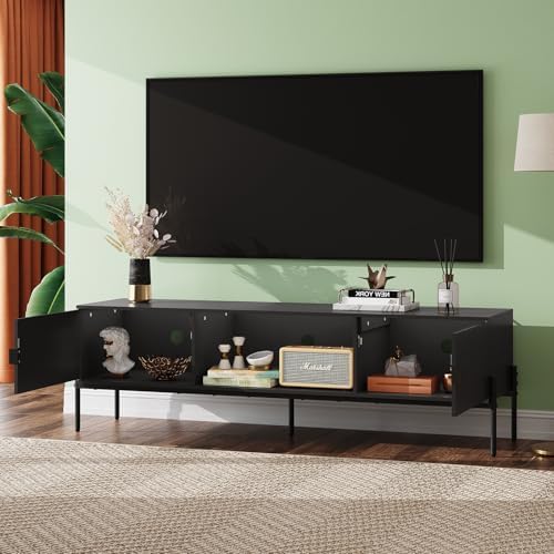 WLIVE 58" TV Stand for 65 Inch TVs, Mid Century Modern Entertainment Center with 2 Storage Cabinets & Open Shelf, Media Console Table with Metal Legs for Living Room, Bedroom, Black - Image 2