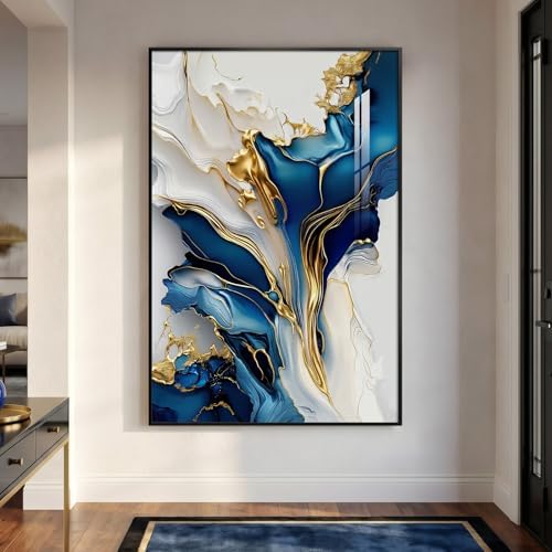 Extra Large Framed Blue White and Gold Abstract Wall Art, Vertical 40x60 In by Cuspin